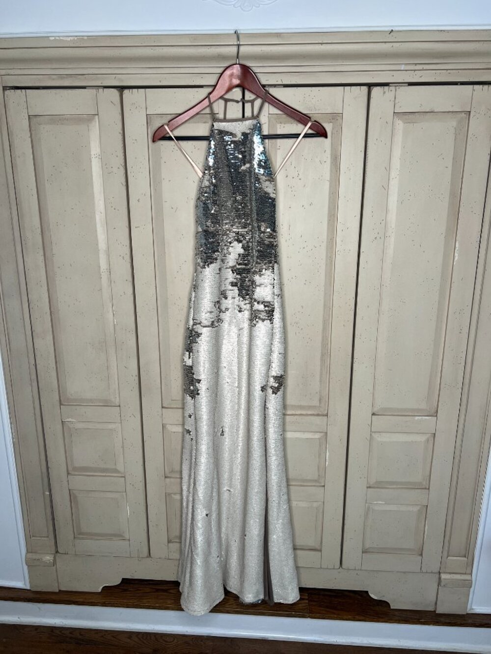 Jovani Reversible Sequin Halter Gown Ivory Silver Open Back Size 6 Formal